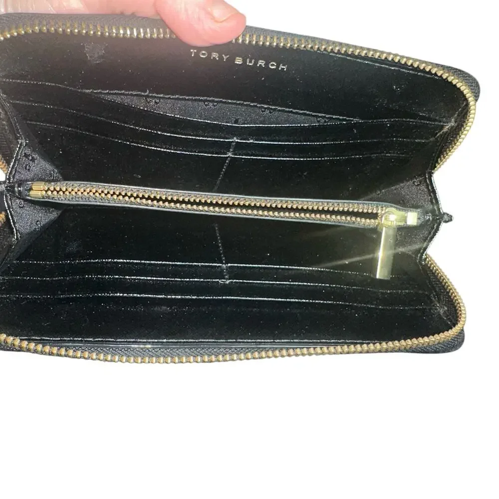 Tory Burch Black Saffiano Leather Zip Around Wallet Gold Logo